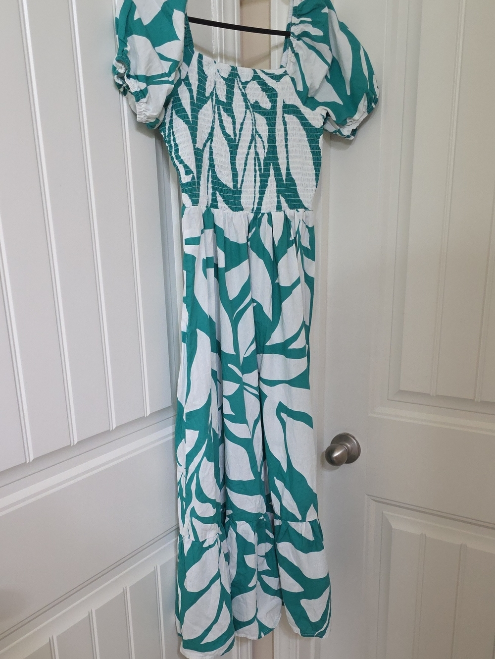 Teal & White Maxi Dress with Puff Sleeves